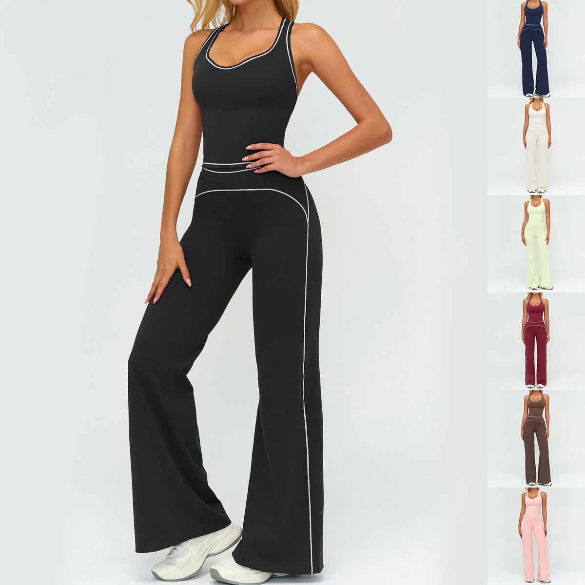 Seamless Contrast-Trim Flare Leg Jumpsuit | One-Piece Activewear