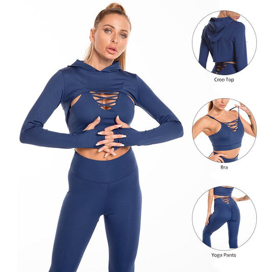 Women’s 3 Piece Activewear Gym Set (Crop Hoodie, Sports Bra &amp; Leggings)