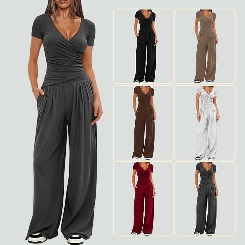 Women’s V-Neck Ruched Wrap Top &amp; Wide-Leg Trouser Set