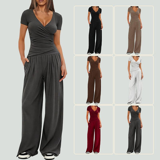Women’s V-Neck Ruched Wrap Top &amp; Wide-Leg Trouser Set