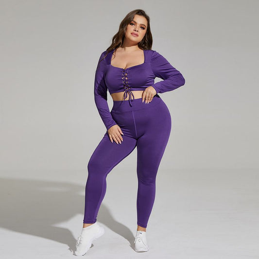 Plus Size Lace-Up Activewear Set – Long Sleeve Top &amp; Leggings